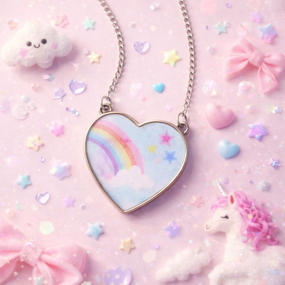 Jewelry - Lenticular Heart Necklace Rainbow Unicorn Flip Image Silver Tone